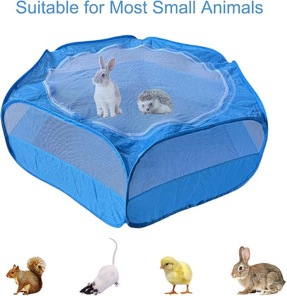 Small Animal Playpen with Zippered Mesh Cover - Portable Foldable Chicken Brooder Box, Indoor Outdoor Enclosure for Guinea Pigs, Bunny, Rabbits, Ferrets, Chinchillas, Kittens (Blue)