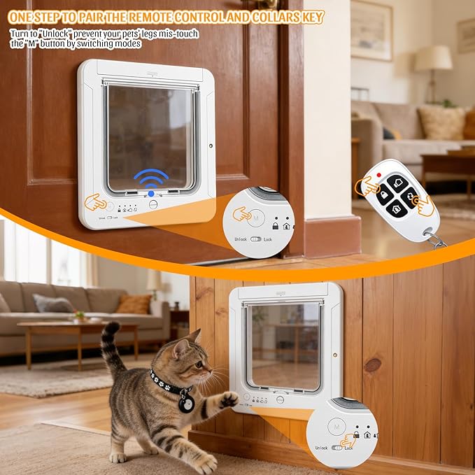 Smart Cat Door with 4 Collar Sensor Key, RFID Cat Door Collar Activated with Remote Control, 4 Way Locking Cat Flap Automatic Pet Door Interior & Exterior(Brown)
