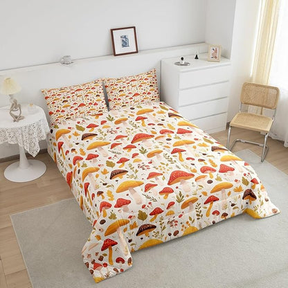 Erosebridal Rainbow Colorful Mushroom Full Comforter Set Orange Wild Fungus Bedding Sets Botanical Plants Bedding Comforter White Duvet Set Leaves Cartoon Lady Room Décorative Cozy 3 Piece