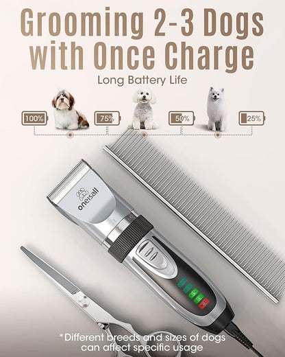 oneisall Low Noise 2-Speed Quiet Dog Grooming Kit - Rechargeable Cordless Pet Hair Clipper Trimmer Shaver for Small and Large Dogs, Cats and Animals (Silver)
