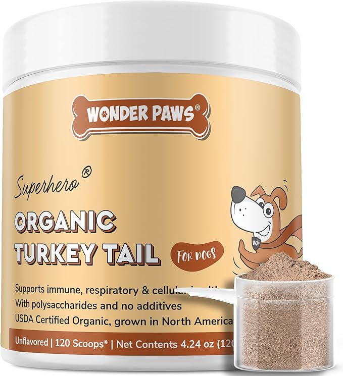 Wonder Paws Organic Turkey Tail Mushroom for Dogs – Powerful Turkey Tail for Dogs Mushroom Powder for Immunity, Respiratory, Digestion & Cellular Health–with Beta Glucans & Polysaccharides (120 g)