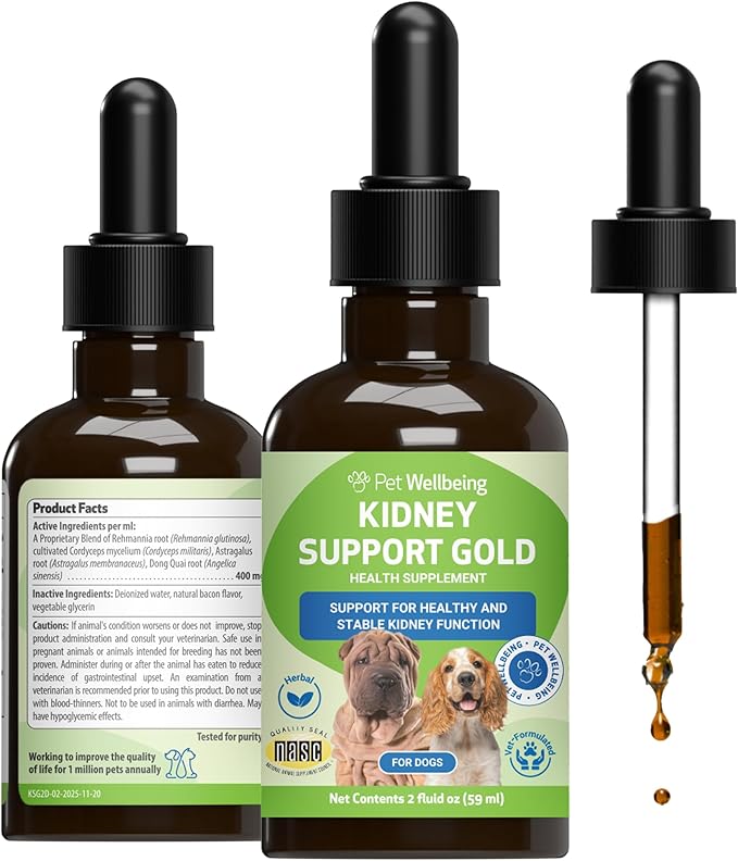 Pet Wellbeing Kidney Support Gold for Dogs - Supports Healthy Kidney Function, Fluid Balance, Energy Levels, Rehmannia, Dong Quai - Veterinarian-Formulated Herbal Supplement 2 oz (59 ml)