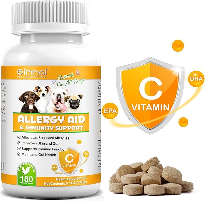 Dog Allergy Aid Immune Support Supplement, 180 Count, Natural Supplements with Omega-3, Probiotics, Vitamins for Skin, Coat & Seasonal Allergies