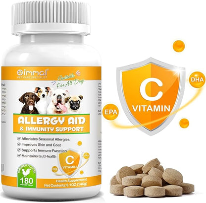 Dog Allergy Aid Immune Support Supplement, 180 Count, Natural Supplements with Omega-3, Probiotics, Vitamins for Skin, Coat & Seasonal Allergies