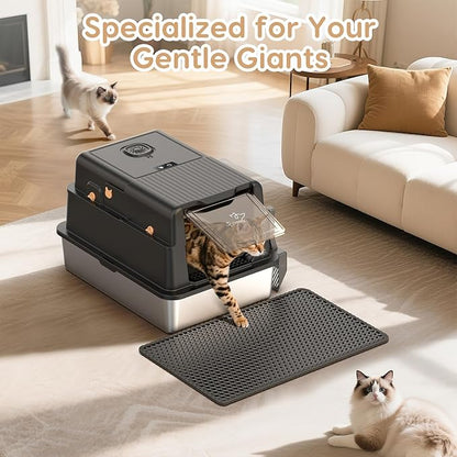 L8 Ultra-XXXL Stainless Steel Litter Box with Smart Odor Control System, 28"L x 20.5"W x 17.4"H Large Cat Litter Box with Lid for Big Cats, High Sided Enclosure with Scoop & Mat, Anti-Leakage-Black