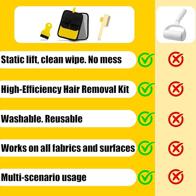 Electrostatic Pet Hair Removal Glove - Reusable Pet Hair Removal Glove with Cleaning Brush & Flea Comb for Cats & Dogs, Washable for Clothing, Couch, Carpet, Car Seat (Black/Yellow)
