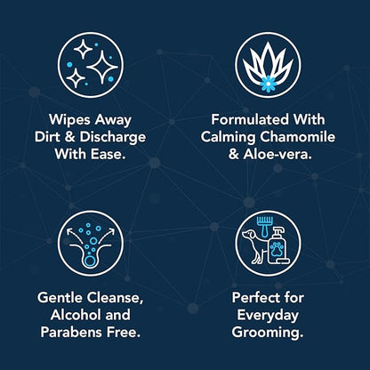 NOVEHA 100PCs Dog Eye Wipes - Tear Stain Remover for Dogs - Formulated with Chamomile and Aloe to Remove Eye Debris, Tear Stains & Eye Discharge - Plant Based, Safe, and Large 5"x5" Unscented Wipes