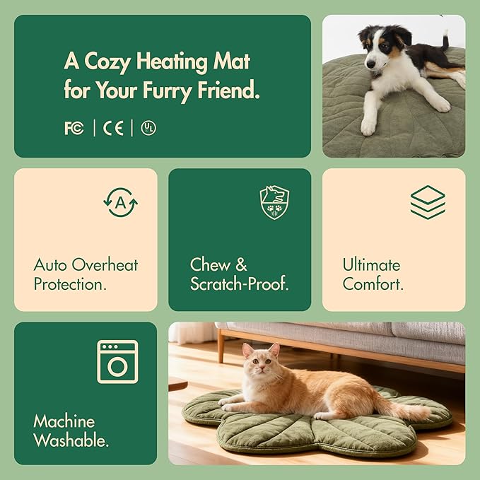 Vagascape Extra Large Dog Heating Pad Waterproof Electric Heated Pet Beds for Indoor Outdoor, Adjustable Temperature, Washable Green Clover Shaped Cat Heating Pad Non Slip Bottom(47"X36")