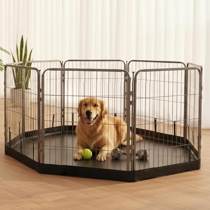 Dog Playpen w/Octagon Bottom Floor Cover - 40 inch, 8 Panel Portable Grey Metal Pet Play Pen for Medium & Large Dogs - Indoor/Outdoor Kennel Cage for Home, Yard, RV, or Camping