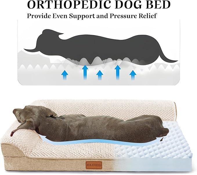 Orthopedic Dog Bed Large Sized Dog 36''X24'', Waterproof L Bolster Egg Crate Foam Pet Crate Beds with Washable Removable Cover, Non-Slip Soft Pet Couch Sleep Mat, Ivory
