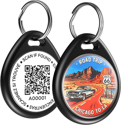 Dog Tags Personalized for Pets, Route 66 Pattern QR Code Dog Name Tags for Pet Collar, Online Profile, Scan Location Alerts, (Black Route)