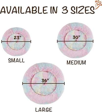 Friends Forever Donut Dog Bed Faux Fur Fluffy Calming Sofa For Small Dogs, Soft & Plush Anti Anxiety Pet Couch For Dogs, Machine Washable Coco Pet Bed with Non-Slip Bottom, 23"x23"x6" Rainbow