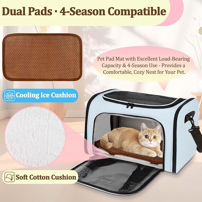 Cat Carrier Dog Carrier - Soft-Sided Cat Carrier with Plush Pad & Cooling Mat, Easy-Load 4-Side Zipper & 3-Side Mesh Ventilation, Pet Carrier Airline Approved for Cats/Dogs Up to 16 lbs, Blue