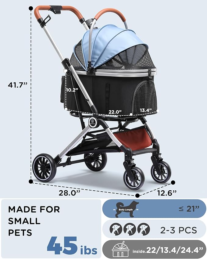 GTPLAYER 3 in 1 Pet Stroller with Removable Carrier, Foldable Stroller for Small/Medium Dogs and Cats, All-Terrain, with Sun Shades, Car Seat, Up to 45 lbs, Light Blue