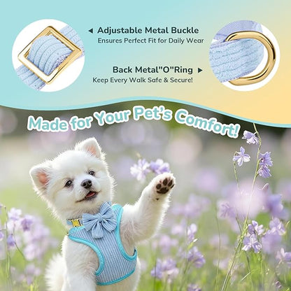 Small Dog Collar Harness and Leash Set, Dog Harness no Pull with Bowtie, Breathable Cotton Adjustable Pet Puppy Harness, Easy Walk Dog Harness, S(14–18.9")