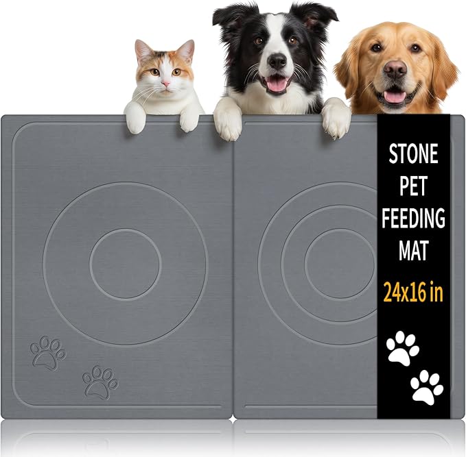 Stone Dog & Cat Food Mat, Bite-Proof Non-Slip Large Diatomaceous Pet Feeding Mat for Puppy Cat, Summer Cooling Quick Drying Dog Cat Water Bowls Mat for Protect Floor (Dark Grey 24" x 16")