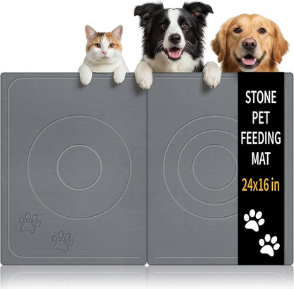 Stone Dog & Cat Food Mat, Bite-Proof Non-Slip Large Diatomaceous Pet Feeding Mat for Puppy Cat, Summer Cooling Quick Drying Dog Cat Water Bowls Mat for Protect Floor (Dark Grey 24" x 16")