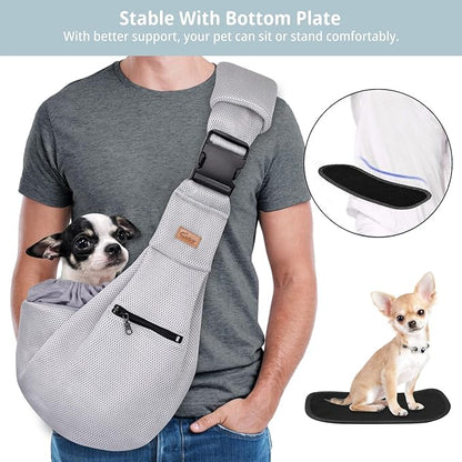 CUBY Dog and Cat Sling Carrier - Hands Free Breathable Mesh Small Dog Sling Carrier-Soft Pouch and Tote Design-Suitable for Puppy, Small Dog Cat Pets Carriers Sling Outdoor(Grey-Mesh,Adjust Strap 2.0)