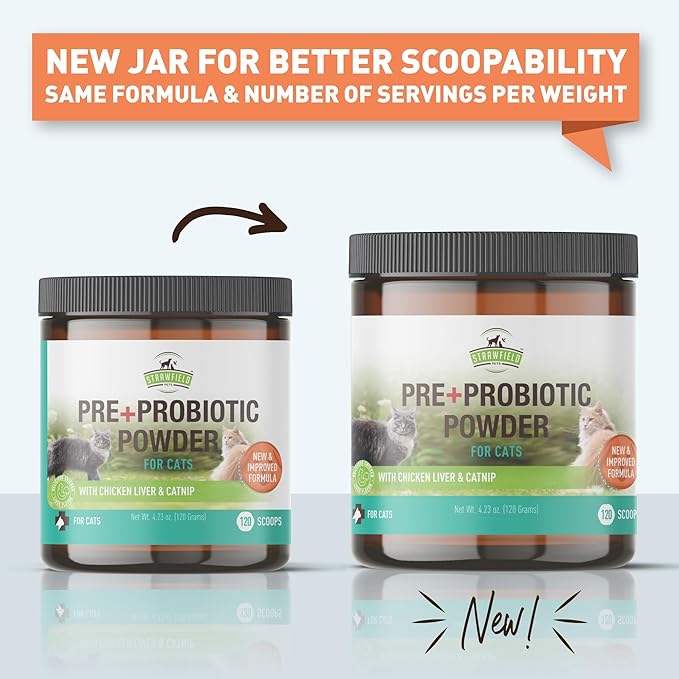 Strawfield Pets' Pre + Probiotic Powder for Cats with Catnip Probiotic for Cats Constipation, Diarrhea, Digestion Relief Immune Support Supplement Natural Chicken Liver Flavor 120 Grams / 120 Scoops