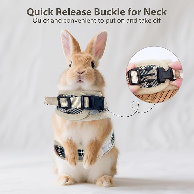 AIITLE Breathable Rabbit Harness and Leash Set - Plaid Pattern Padded Vest with Magic Tape Design, Dual D-Rings, Adjustable for Small Animal Pets, Indoor Outdoor Training Camping, Beige M