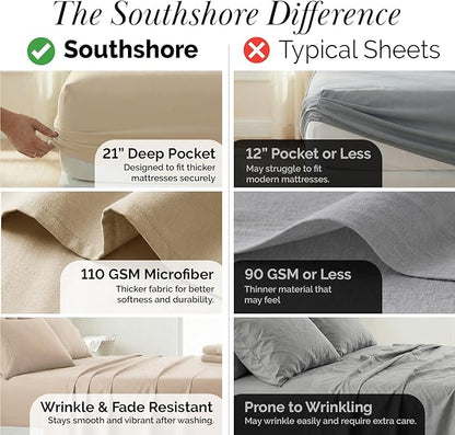 Southshore Fine Living, Inc. 7-Piece Split King Sheets Sets for Adjustable Bed, 21-Inch Extra Deep Pocket King Sheets, Deep Pocket Fitted Sheet, Flat Sheet, Beige Pillow Cases, Tan Bedding, Soft Sand