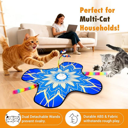 Interactive Cat Toys for Indoor Cats, 3-in-1 Hide and Seek Cat Toy with Fluttering Butterfly & Moving Concealed Feathers, 3 Prey Sounds, Rechargeable Auto Play Mat for Bored Adult Cats/Kittens (Blue)