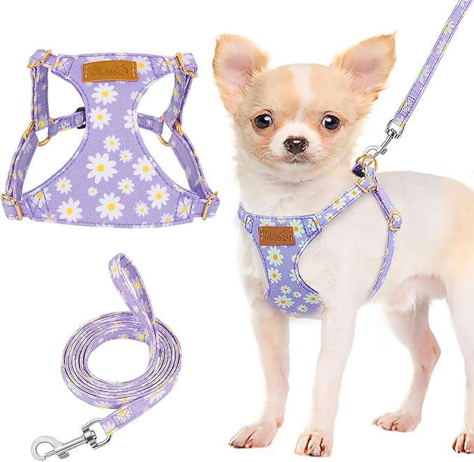 Lukovee Puppy Harness and Leash Set, No Pull Lightweight Soft Suede Adjustable Pet Harness Vest with Snap Buckle for Puppy Small and Medium Size Dog (Purple-XS)