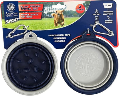 American Kennel Club 2-Pack Collapsible Travel Bowls for Dogs – Blue/Gray, Portable Food & Water Bowls