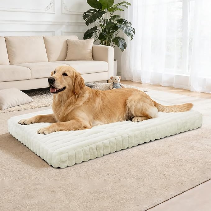 Dog Beds Flat Dog Crate Bed Waterproof for Meduim Large Dogs with Plush Removable Washable Cover Anti Slip Bottom for Indoor,Cream,41.7"x26.8"