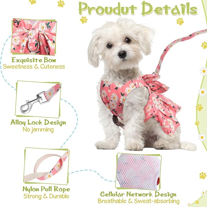 Sanwuta 4 Pack Harness Dog Dress Bowknot Leash Set Floral Princess Dog Harness Dress Vest with Leash Pet Doggy Outfits for Outdoor Walking, 4 Colors(Small)