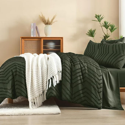 Litanika Oversized King Size Comforter Set with Sheets Olive Green - 7 Pieces Bed in a Bag Oversized King Boho Tufted Complete Bedding Sets with Comforter, Sheets, Pillowcases & Shams