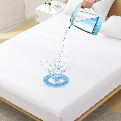 Queen Waterproof Mattress Protector - Noiseless, Breathable, Machine Washable Fitted Mattress Cover with Deep Pocket up to 5”-21”（White）