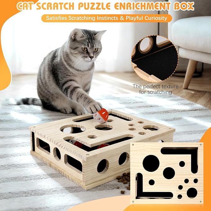 Cat Scratch Puzzle Enrichment Box, Large Solid Wood Construction Cat Nail File Enrichment Box with Sandpaper Inside, Indoor Cat Clipper No Pressure Substitute, Interactive Maze Toy