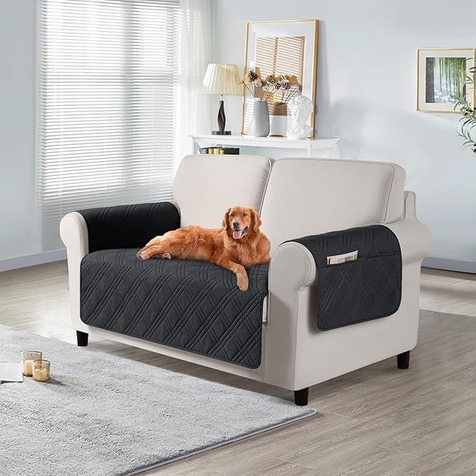 TAOCOCO Waterproof Loveseat Covers for Pets Dogs with Non Slip Backing, Sofa Seat Covers with Side Pocket for 2 Cushion Couch Washable Dog Couch Cover Protector Sofa Slipcovers(Loveseat, Black)