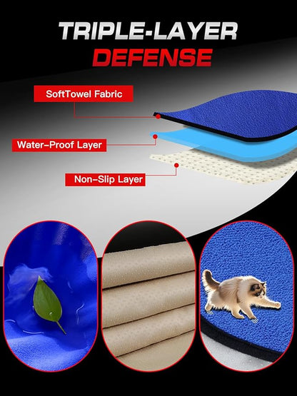 550g Heavy Duty Towel Car Seat Cover, Waterproof Sweat Protector for Post-Gym & Beach, Non-Slip Microfiber Bucket Seat Mat for Sedans SUV Minivans, Machine Washable (Blue, 1-Pack)