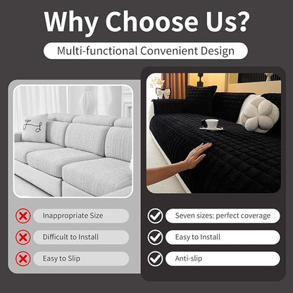 Velvet Couch Cover, Plush Sectional Sofa Cover Washable, Anti Slip Sofa Slipcover for Loveseat, Furniture Protector Covers for Pets & Kids(1PC, Black, 35.4"×47.2", Loveseat)
