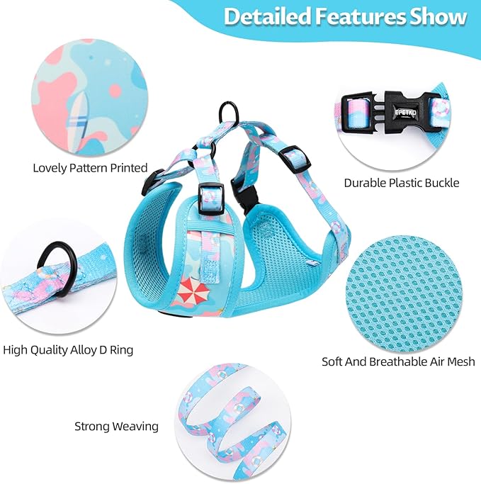 Small Dog Harness and Leash Set of 6, No Pull Soft Lightweight Mesh Puppy Harness， Adjustable Cute Floral Pattern Pet Harness for Small Medium Dogs (Blue Sea, S)