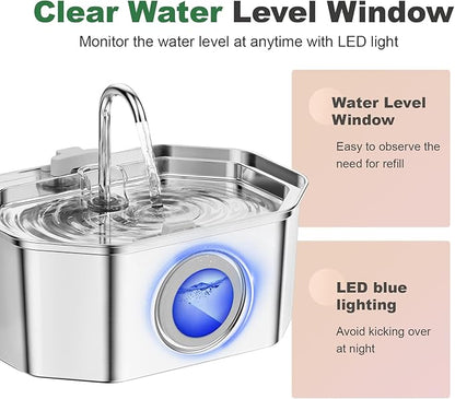 Cat Water Fountain Stainless Steel 108oz/3.2L, APAUK Automatic Pet Fountain Dog Water Dispenser with Water Level Window, Quiet Cat Fountain for Drinking, Inside with Replacement(1 Filter&1 Sponge)