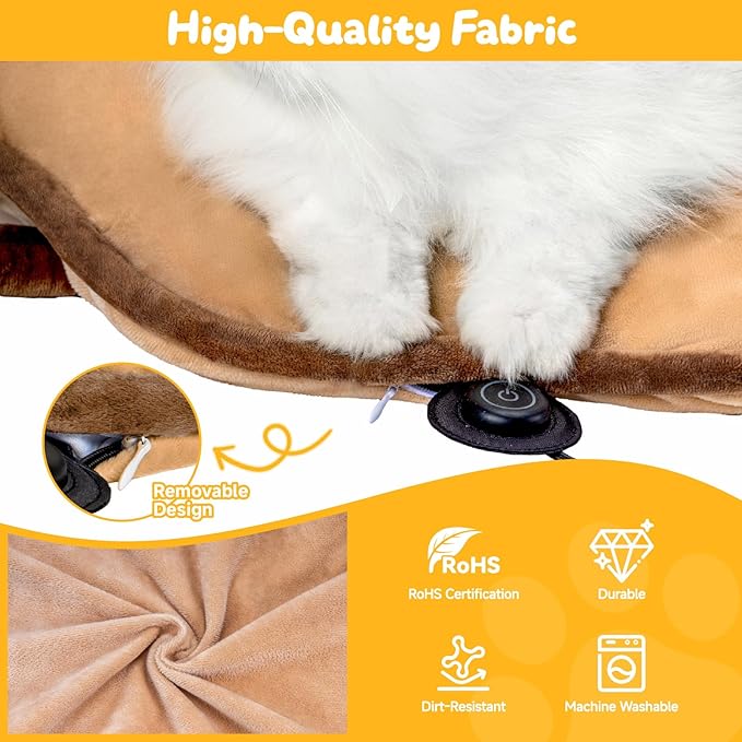 Cat Heating Pad for Indoor Cats Dogs Pressure-Activated Heated Cat Bed for Pets Warming Mat Electric Heated Pads with Removable Cover Adjustable Temp Sunflower Brown 22"X 22"