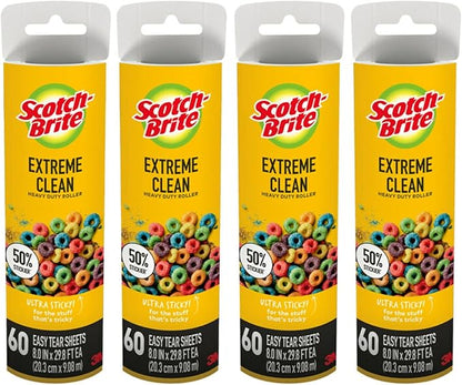 Scotch-Brite Extreme Clean Large Lint Roller Refills, 50% Stickier*, Heavy Duty for Removing Debris and Pet Hair on Clothes, Furniture, Cars, Offices & More, 4 Pack, 240 Adhesive Sheets Total