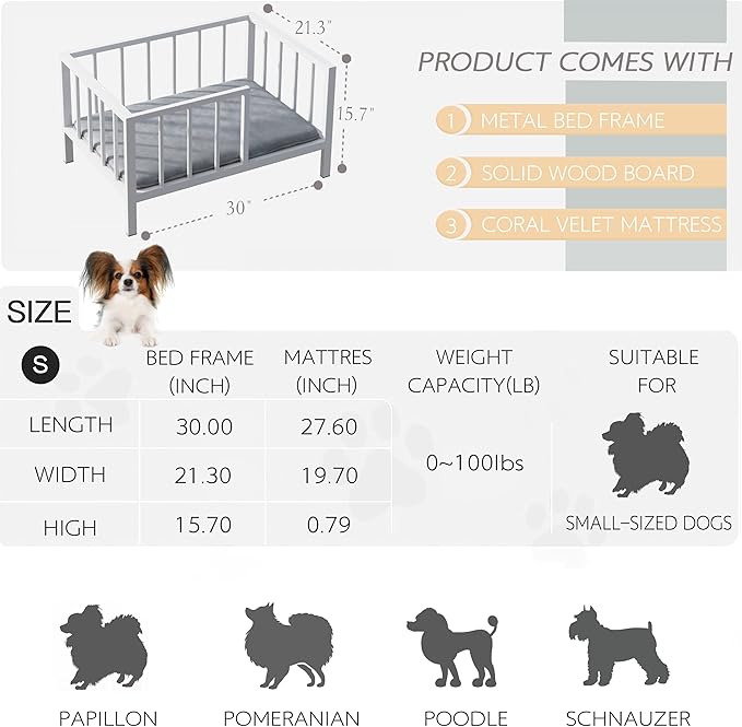 OSCHF Dog Bed with Rails - Elevated Pet Metal Bed Frame with Solid Wood Board and Washable Soft Mat for Small Dog Indoor or Outdoor Use, 21.3" x 30 ", White