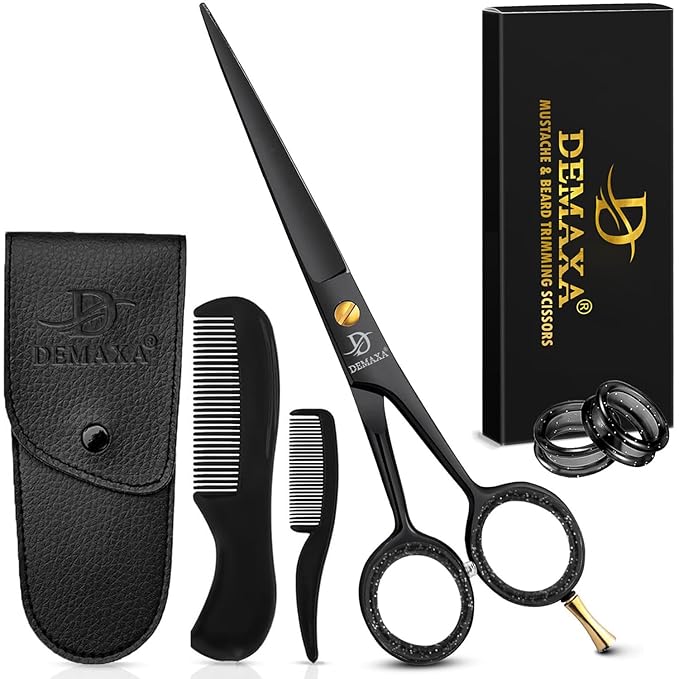 DEMAXA 5" Professional Beard Scissors for men Mustache Scissors with 1 Mustache Comb, 1 Beard Comb & Soft Pouch – Prefect Beard shears mustache kit for All Facial Hair – moustache Grooming kit for Men