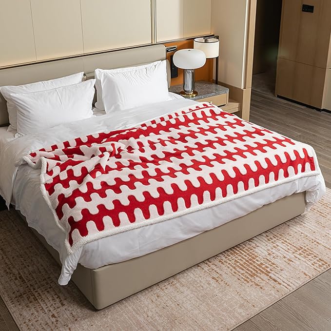 Waterproof 85x85in Pet Blanket Red Stylish Jacquard Sharpa Fleece Dog Blankets for King Size Bed Couch Sofa Covers Furniture Protection Washable Reversible Covers (Red Wave,XXL)