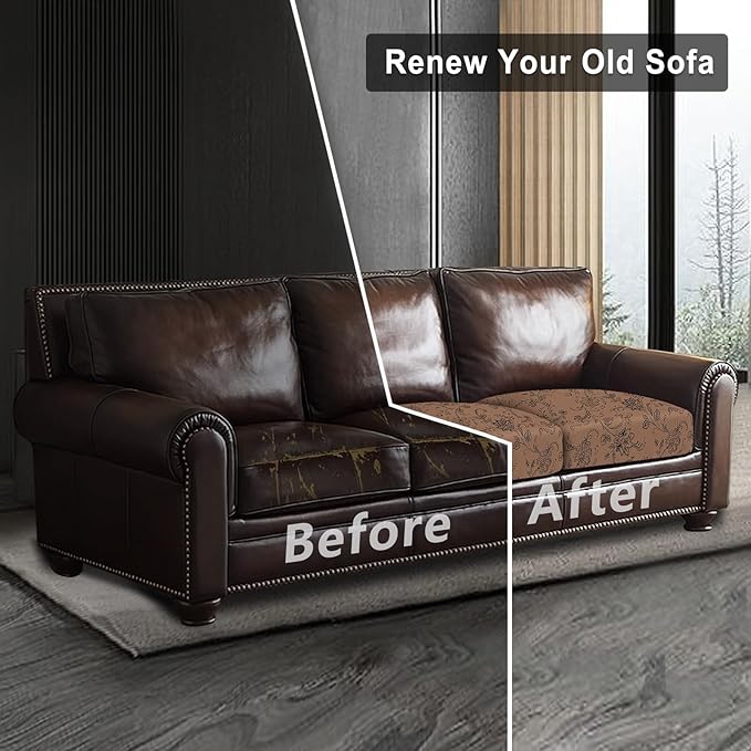ANARACHON Leather Look Couch Cushion Covers Sofa Seat Slipcovers Sets Couches Furniture Protector for Sectional Armchair Loveseat Pets Kids Stretch Spandex Fabric (3 Cushion Sofa, Brown 02Flower)
