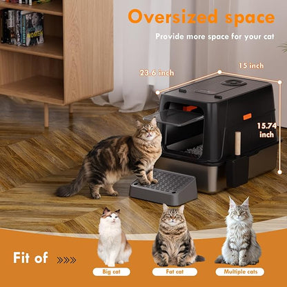 Smart Odor Control Stainless Steel Cat Litter Box with Lid, Smart Cat Litter Box with Infrared Sensor, Large Automatic Litter Boxs for Cats, 3 in 1 Design and 135° Flip-Top, Litter Scoop & Foot Pedal