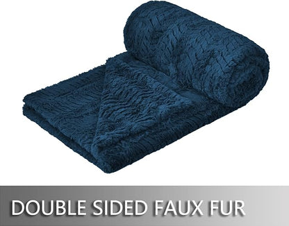 YUSOKI Luxury Faux Fur Twin XL Blanket for Twin XL Bed 2 Layers,5.2lb,All Ages,Home Decoration Without Pillows(Navy Blue,63"x90")