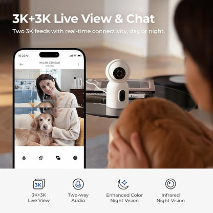 IMILAB C30 Dual 3K+3K Indoor Security Camera, 360° Pan Tilt Pet/Baby/Kid Camera, Room Cam w/Human & Pet Tracking, Smoke Detection, Color Night Vision, 5G WiFi Plug-in Cam, Wall Mount, No Monthly Fee