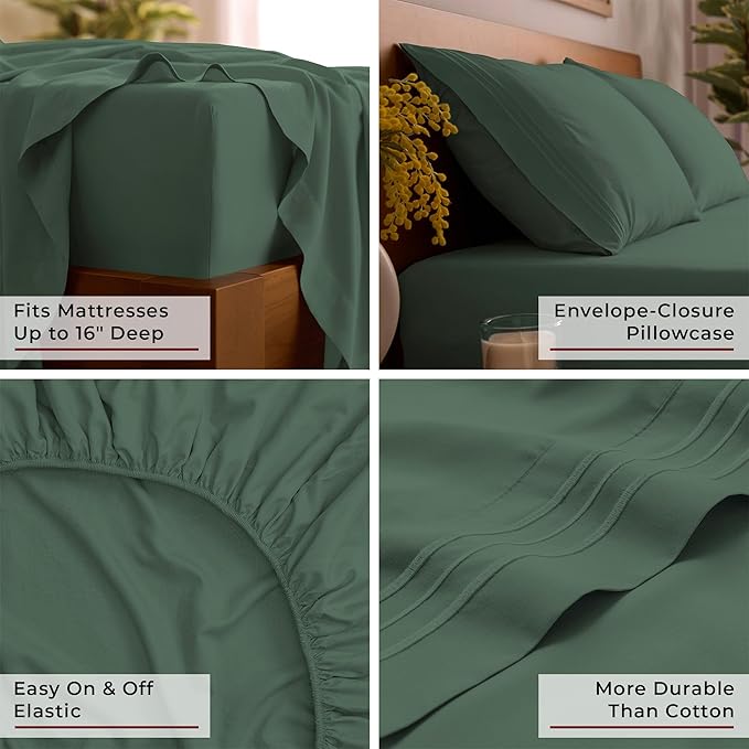 Mellanni Twin Sheet Set - 4-Piece Iconic Collection Bedding, (Including 2 Pillowcases), 16-Inch Deep Pocket, Easy Care, Extra Soft, Cooling Sheets, Brushed Microfiber - Emerald Green