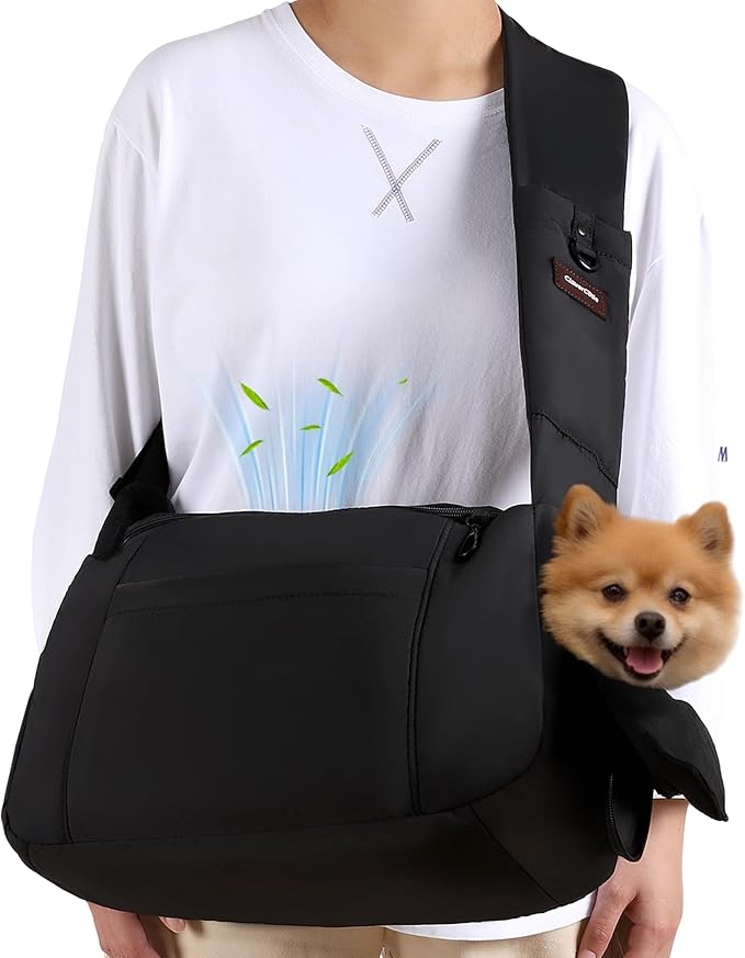 Dog Carrier Sling, Cat Sling Carrier, Adjustable Soft Padded Shoulder Strap with Storage Pocket, Small Dog and Cats Sling Carriers up to 10 lbs, Hands-Free Pet Carrier for Travel Hiking Walking Black