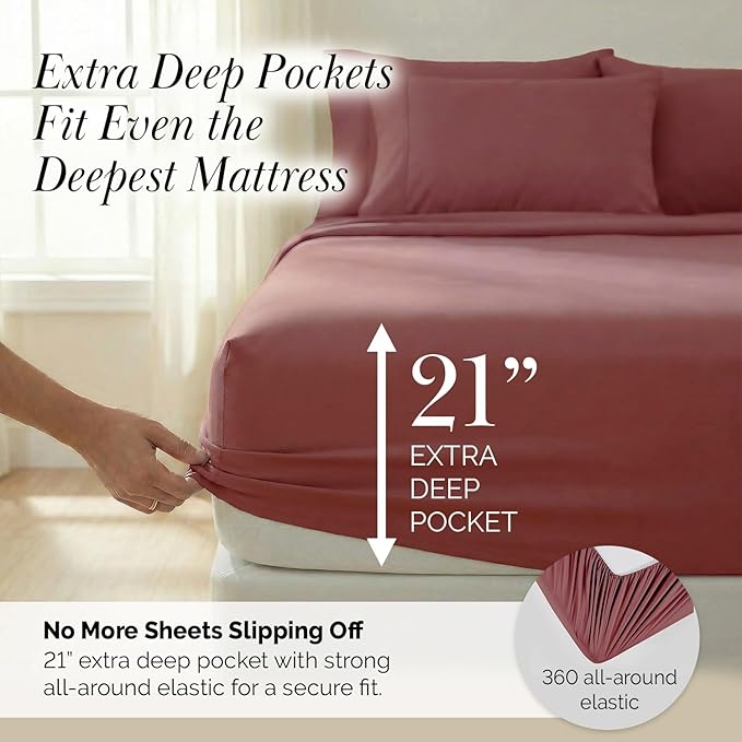 Southshore Fine Living, Inc. 21-Inch Extra Deep Pocket Queen Sheets Set, 6-Piece Terracotta Sheets Queen Size Bed Set Deep Pockets For Thick Mattress, Pet Hair Resistant Bedding, Rust Colored, Marsala